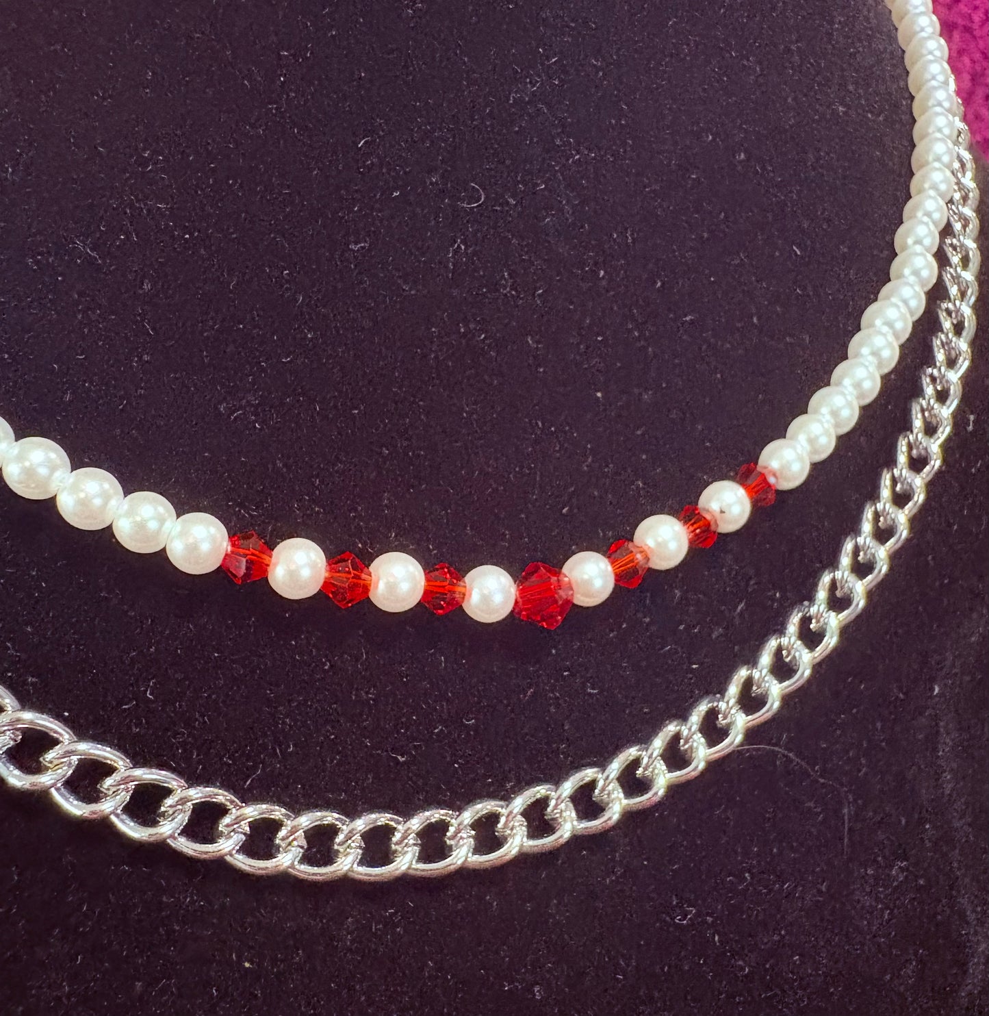 Glass Pearl and Red Bead Chain Necklace