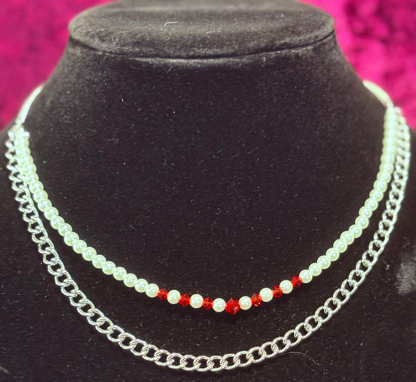 Glass Pearl and Red Bead Chain Necklace