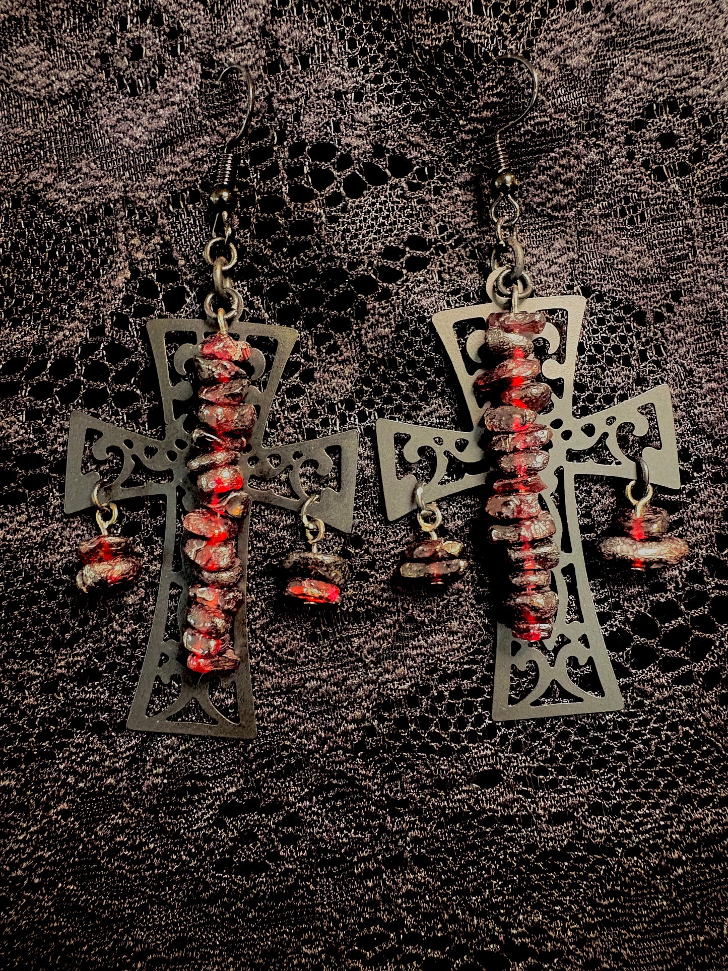 Garnet Stone and Cross Earrings